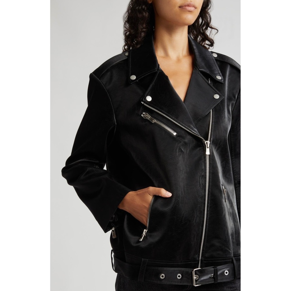 NWT Cinq‎ a Sept Brice Faux Leather Moto Jacket Small Black Belted Minimalist - Picture 15 of 16
